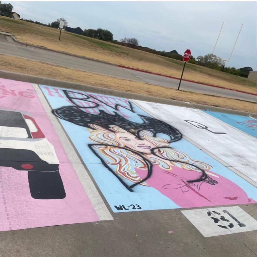 Will Lepard spent hours painting a Dolly Parton mural onto his parking space at Aledo High...