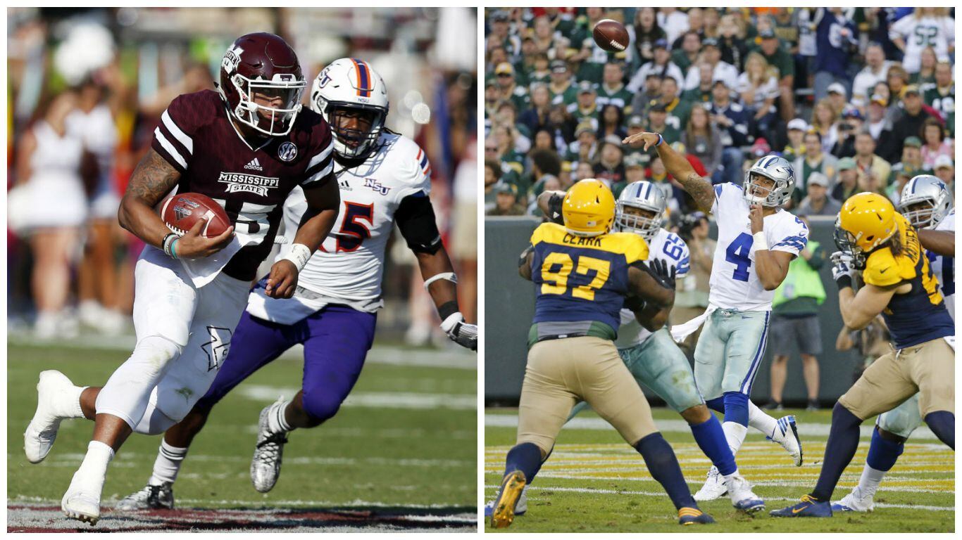 Left: Dak Prescott quarterbacked Mississippi State (AP/Rogelio V. Solis); right: Prescott...