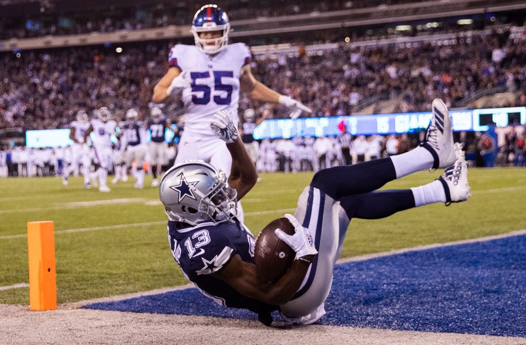 Dallas Cowboys wide receiver Michael Gallup (13) falls across the goal line for a touchdown during the third quarter of an NFL game between the Dallas Cowboys and the New York Giants on Monday, November 4, 2019 at MetLife Stadium in East Rutherford, New Jersey. (Ashley Landis/The Dallas Morning News)