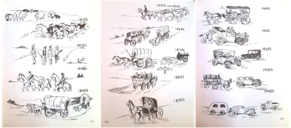 Illustrations by Nita Follie Ivie of the changing use of the road from Lebanon on the Preston (1959) by Adelle Rogers Clark.