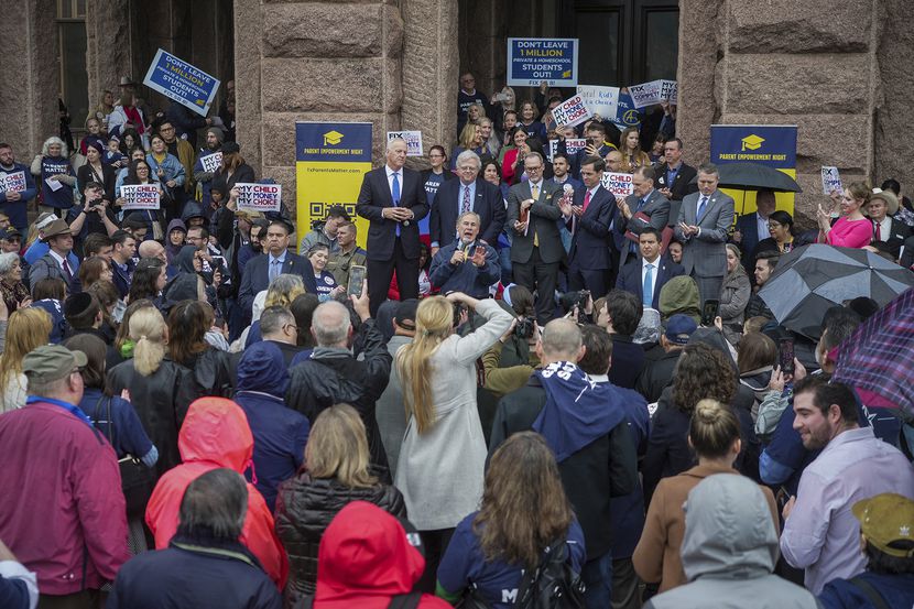 Gov. Greg Abbott speaks on the north steps of the State Capitol to supporters at a Texas...