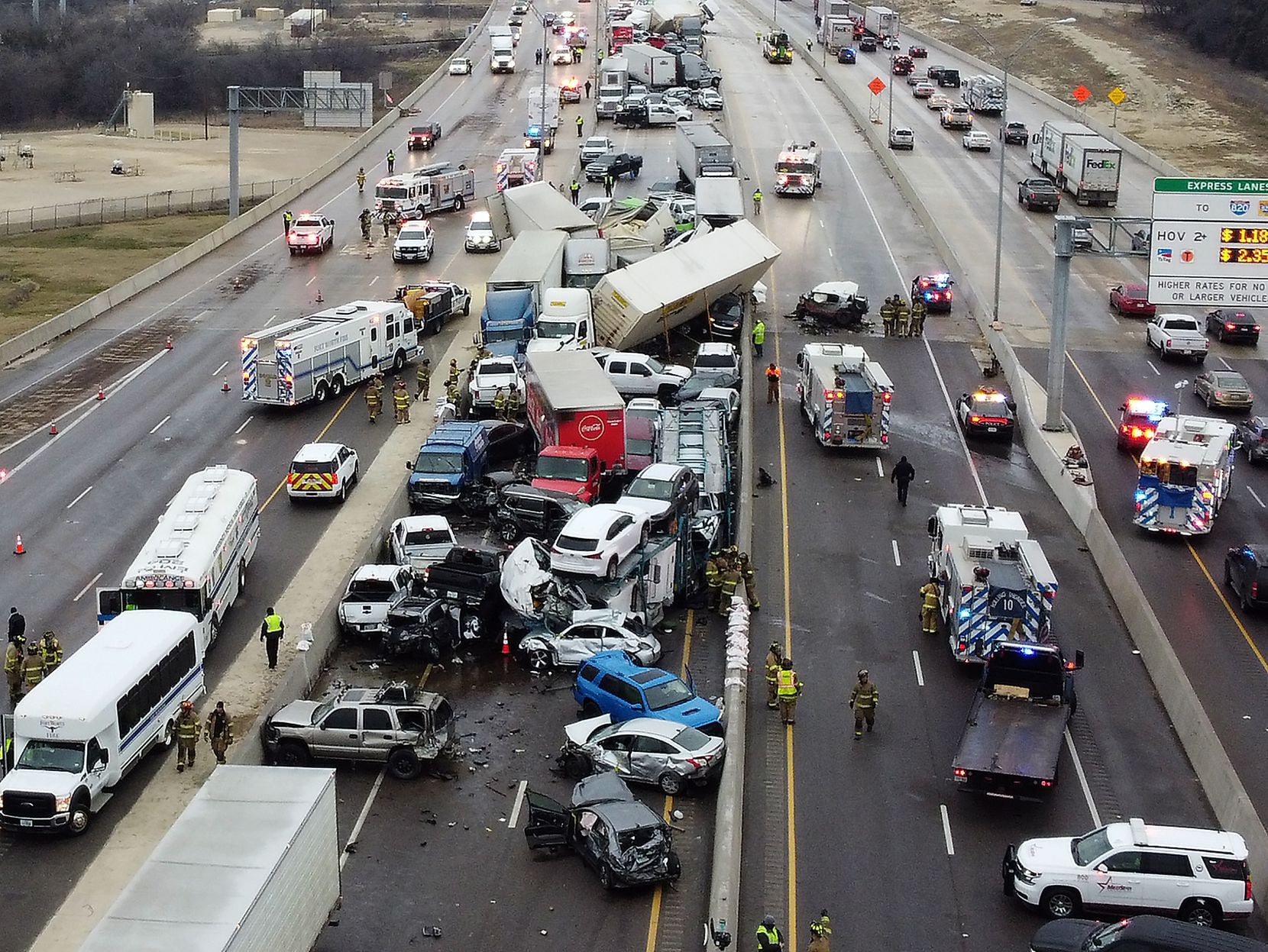 On Feb. 11, the area awoke to news of a deadly chain-reaction pileup in north Fort Worth. A massive crush of 133 passenger vehicles and 18-wheelers had occurred on the southbound lanes of I-35W about 6 a.m. Six people died in the pileup, which began as icy conditions slicked area roads. Emergency crews and people who escaped injuries worked frantically to free victims from their vehicles in freezing temperatures. More than 30 people are taken to area hospitals.  
