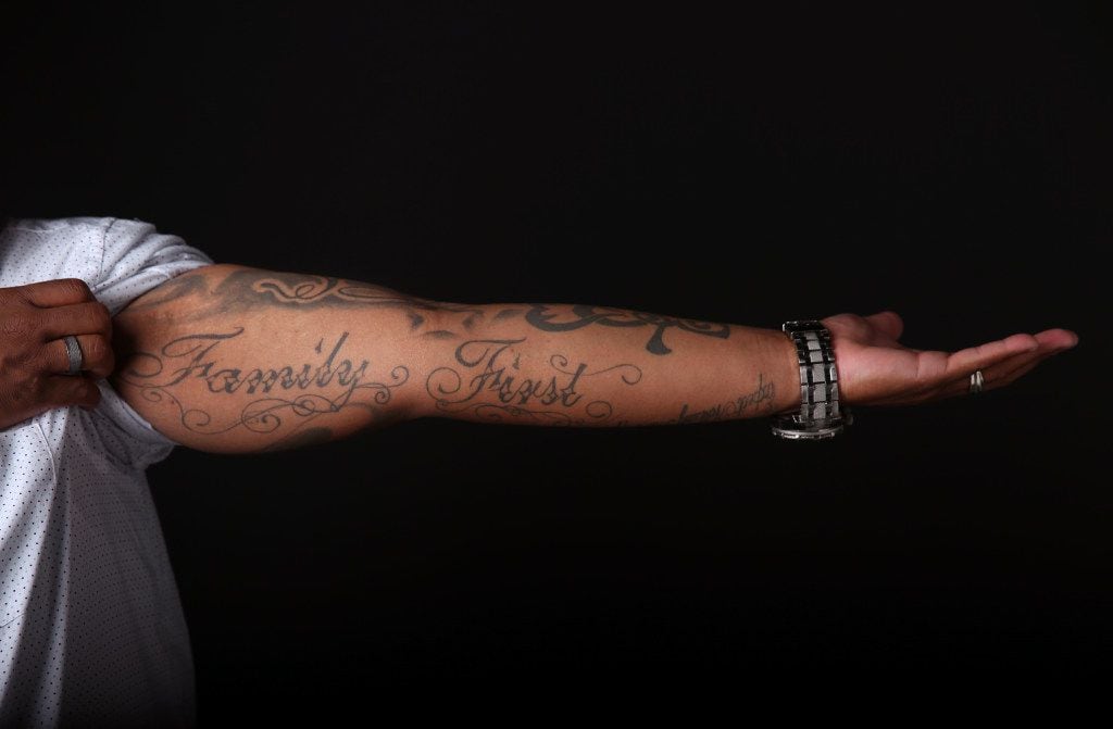 "Family First" is another of Trenton Johnson's tattoos. (Rose Baca/The Dallas Morning News)