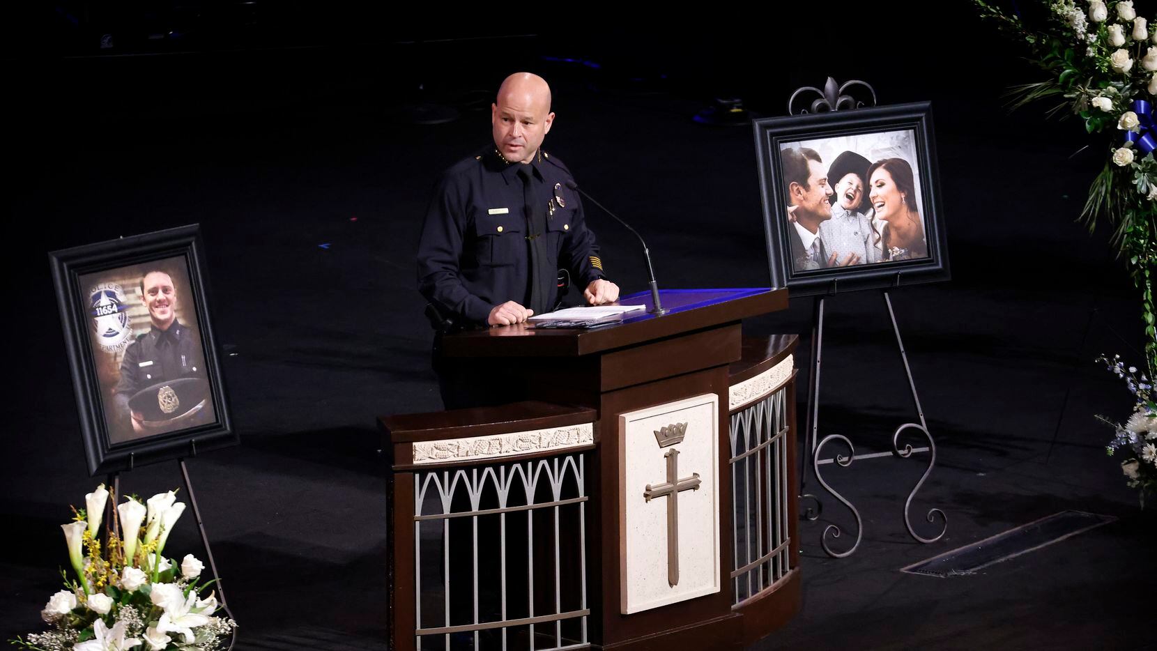 Police Chief Eddie Garcia, just weeks after starting his job in Dallas, addressed the congregation during the funeral service for Dallas officer Mitchell Penton. Penton was killed Feb. 13 by a man who was indicted in May on a felony charge of intoxication manslaughter causing the death of a peace officer.