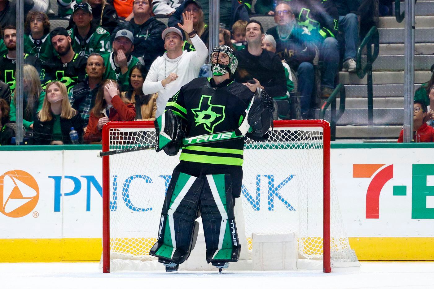 Dallas Stars goaltender Scott Wedgewood (41) watches a replay after giving up a goal during...