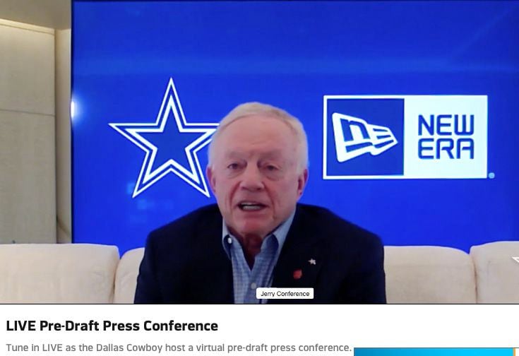 A screen shot of Dallas Cowboys owner Jerry Jones talking during a virtual pre-draft news...