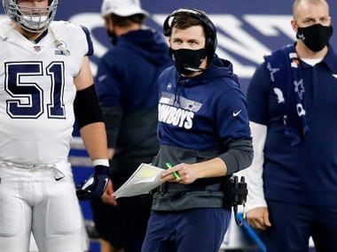 Dallas Cowboys offensive coordinator Kellen Moore is pictured on the sideline during the fourth quarter against the Washington football team at AT&T Stadium in Arlington on Thursday, November 26, 2020. The Cowboys lost, 41-16 .