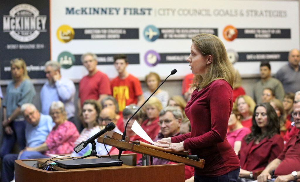 Local resident Stephanie Weyenberg speaks to the McKinney City Council to oppose the Highway...
