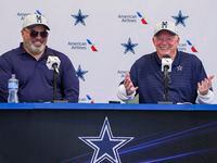 Dallas Cowboys owner and general manager Jerry Jones (right) addresses the opening news conference for team's training camp with head coach Mike McCarthy on Wednesday, July 21, 2021, in Oxnard, Calif.