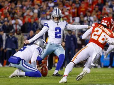 Dallas Cowboys kicker Greg Zuerlein (2) kicks a field goal during the second half of an NFL...