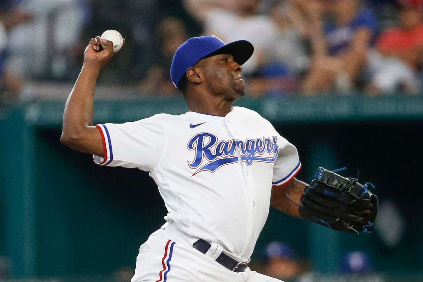 Texas Rangers relief pitcher Jharel Cotton (45) pitches during the eighth inning against the Los Angeles Angels at Globe Life Field on Thursday, Aug. 5, 2021, in Arlington. (Elias Valverde II/The Dallas Morning News)
