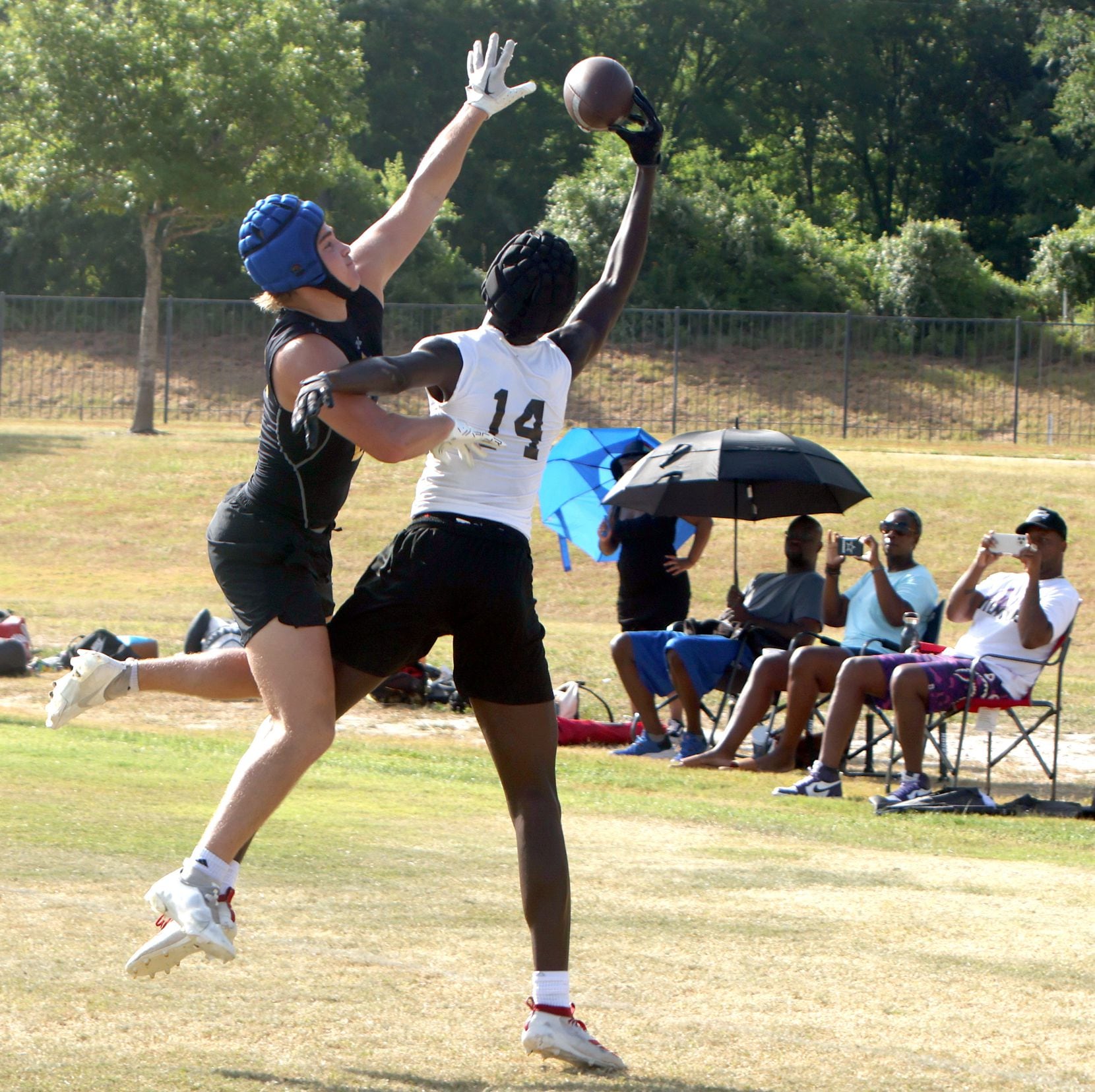 Mesquite Horn receiver Brysan Stanford (14) extends to pull in a one-handed touchdown catch...