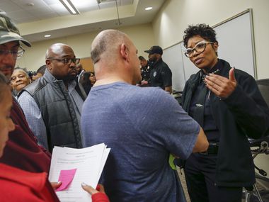 Dallas Police Chief U. Renee Hall, right, speaks with community members during a listening session hosted by the Dallas Police Department at Eastfield College Pleasant Grove Campus on Tuesday, Jan. 28, 2020 in Dallas. (Ryan Michalesko/The Dallas Morning News)