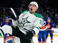 FILE - Dallas Stars' Jason Robertson celebrates after scoring a goal during the first period...