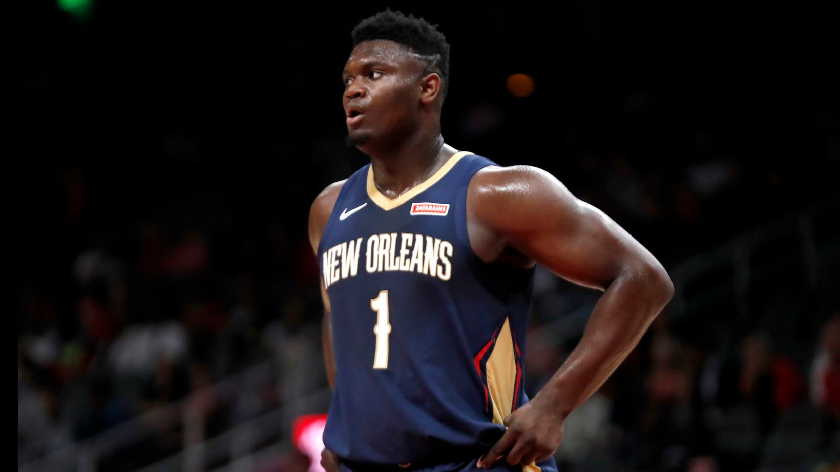 New Orleans Pelicans forward Zion Williamson (1) is shown during the first half of a preseason NBA basketball game against the Atlanta Hawks Monday, Oct. 7, 2019, in Atlanta. (AP Photo/John Bazemore)