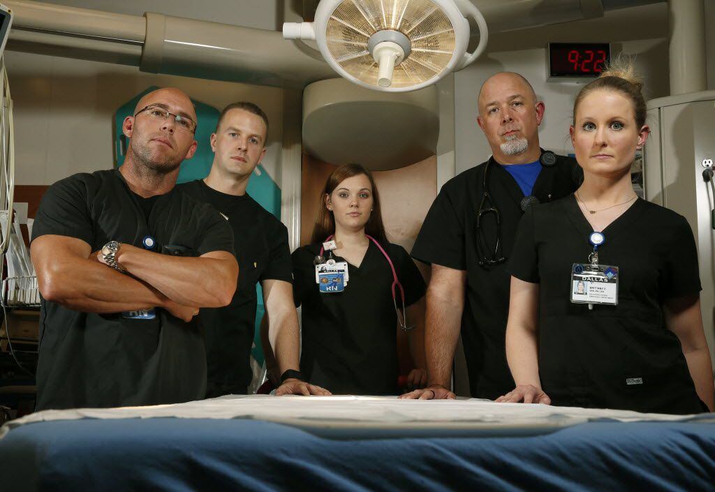 Registered trauma nurses (from left); Brad Blacketer, Erick Jenkins, Kaley Almanza, Greg...