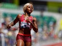 EUGENE, OREGON - JUNE 25: Sha'Carri Richardson competes in the women's 200 meter first round...