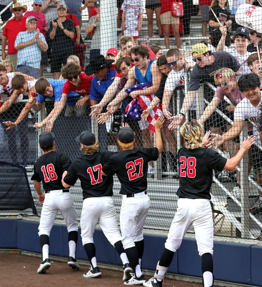 The Coppell Cowboys celebrate with the student body after beating Prosper, 3-2 in game 3 of...