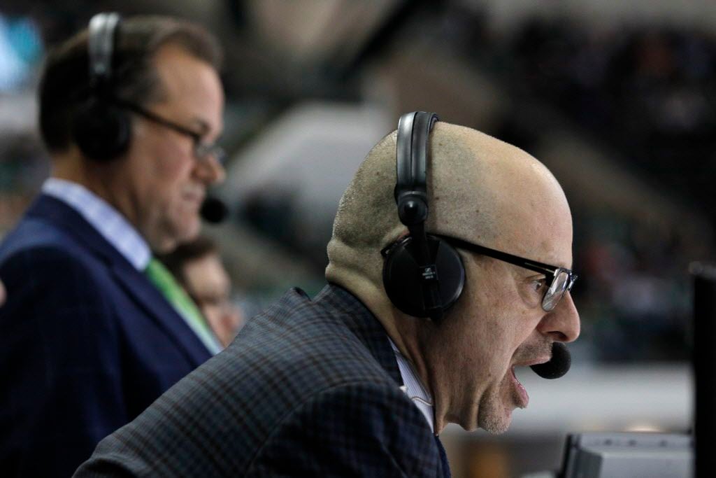 Ralph Strangis calls play-by-play as Daryl "Razor" Reaugh watches in April 2015.  