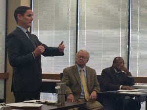  County Judge Clay Jenkins speaks at a Sandbranch meeting Wednesday, as EPA Regional...