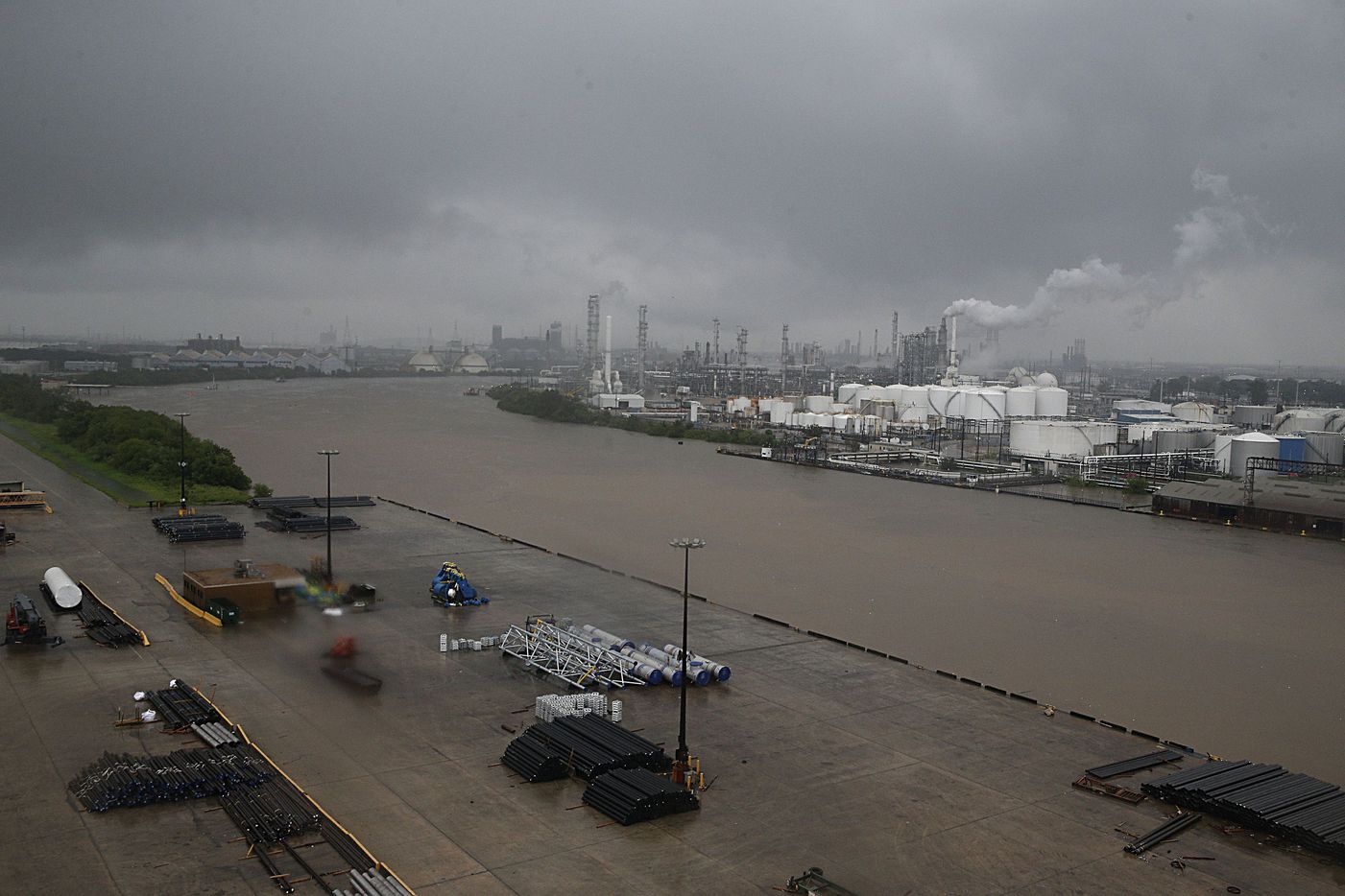 The refinery section of the Houston Ship Channel is seen as flood water rise on August 27,...