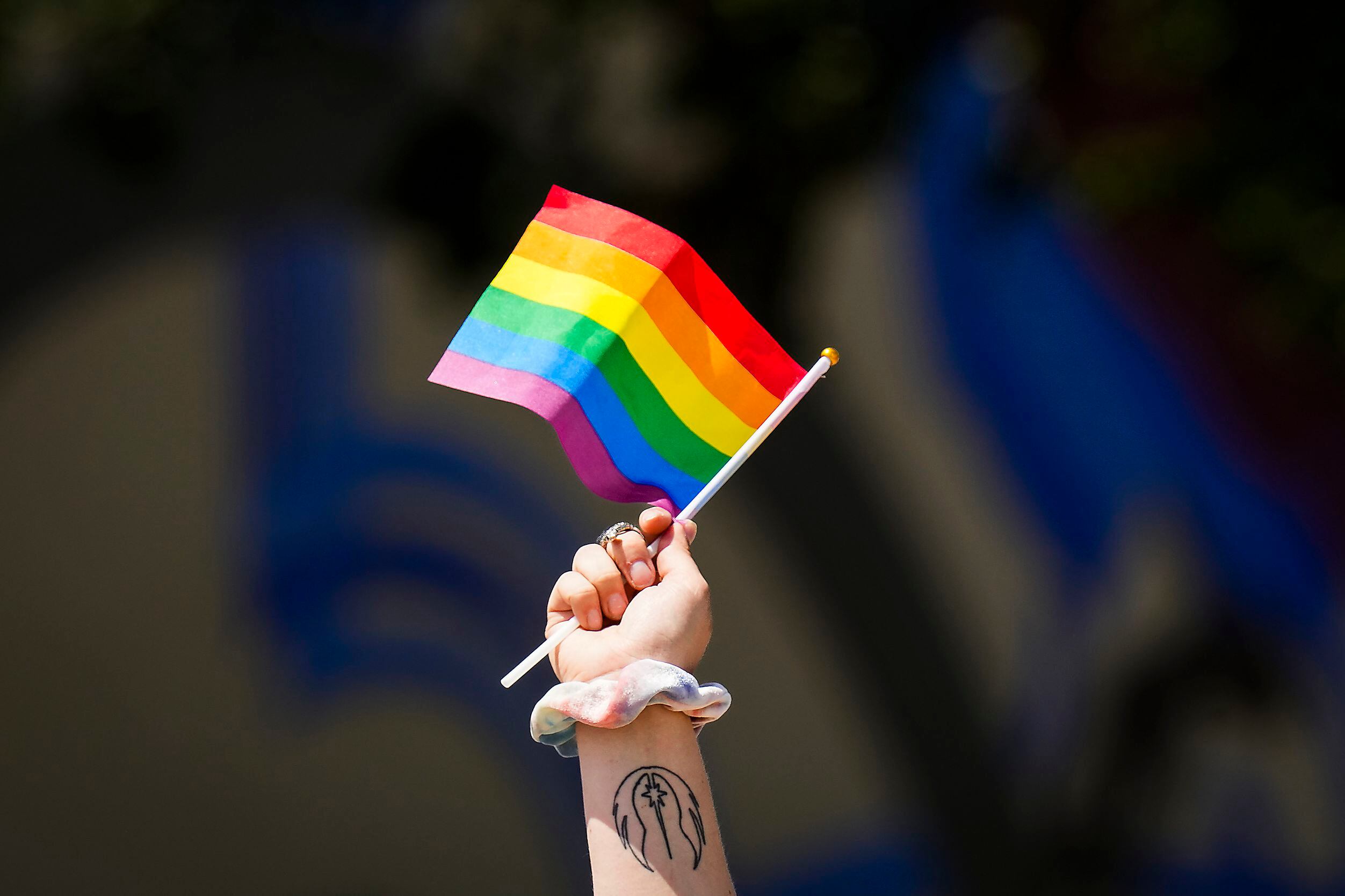 A participant holds up a rainbow flag during the annual Alan Ross Texas Freedom Parade...