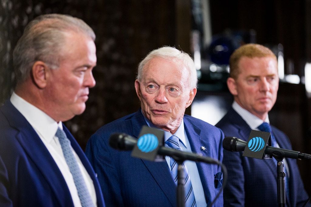 Dallas Cowboys Owner Jerry Jones, center, CEO and Executive Vice President Stephen Jones, left, and Head Coach Jason Garrett, right, speak at a press conference after making their first round pick on Thursday, April 26, 2018 at The Star in Frisco, Texas. The Cowboys picked linebacker Leighton Vander Esch from Boise State. (Ashley Landis/The Dallas Morning News)