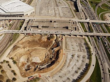 Aerial view of the hole in the ground and lot that formerly held Reunion Arena with I-35 on the right side of the frame and part of Dallas Convention Center on the upper left of the frame, taken on March 26, 2010. 