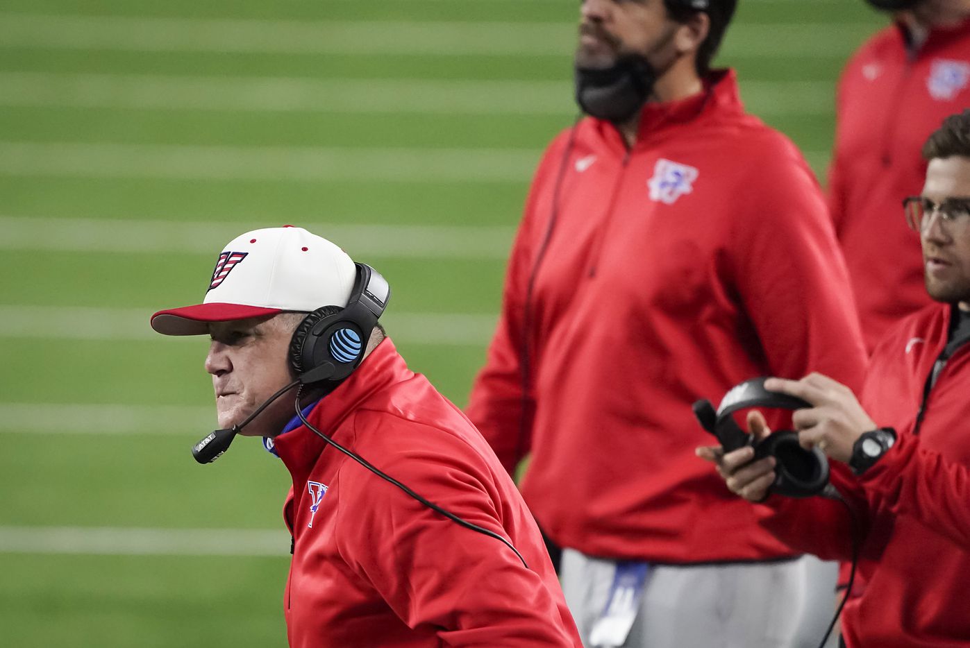 Austin Westlake head coach Todd Dodg reacts to a call during the first quarter of the Class 6A Division I state football championship game against Southlake Carroll at AT&T Stadium on Saturday, Jan. 16, 2021, in Arlington, Texas. (Smiley N. Pool/The Dallas Morning News)