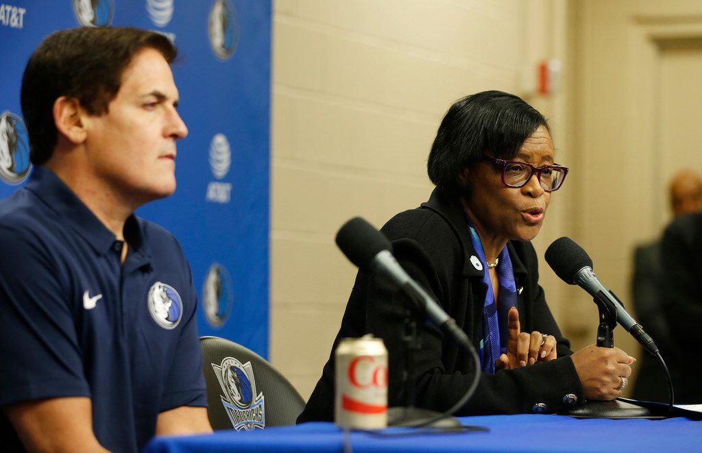 Dallas Mavericks interim CEO Cynthia Marshall answers questions from the media as Dallas...