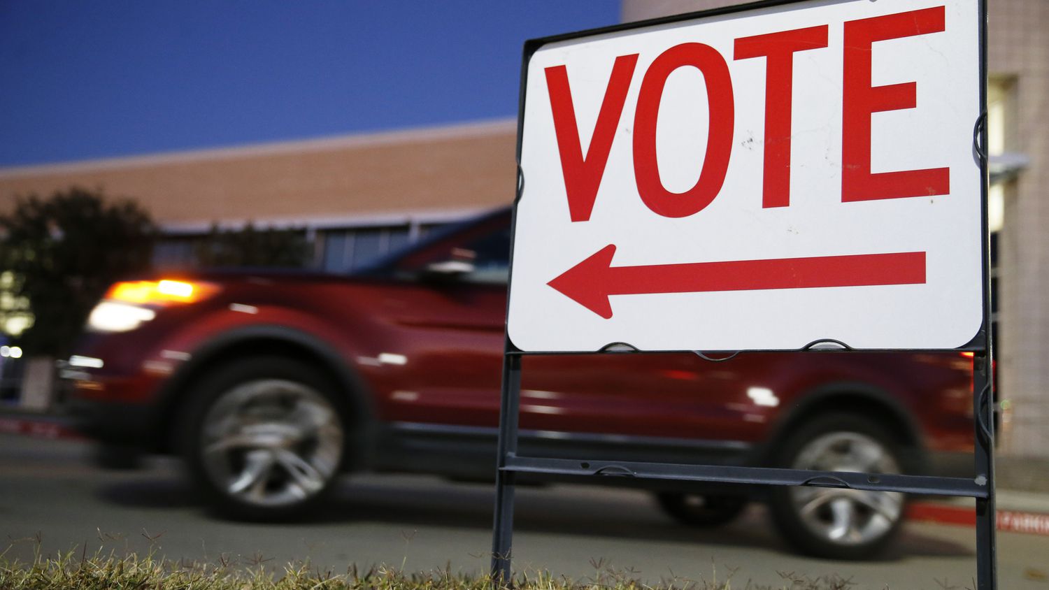 Vote sign out front of Collin College Frisco Preston Ridge Campus, a polling location on Nov. 3, 2020 in Frisco, Texas.
