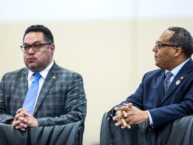 Dallas City Council member Omar Narvaez, left, and City Council member Kevin Felder, right,...