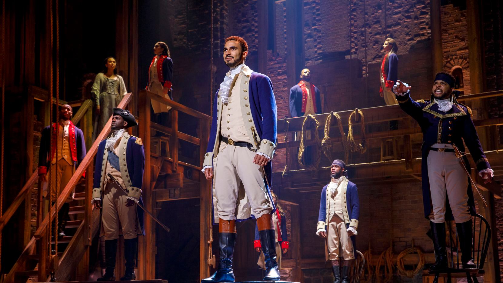 "Hamilton," shown here in the 2021 national tour of the Broadway musical, runs at Fair...