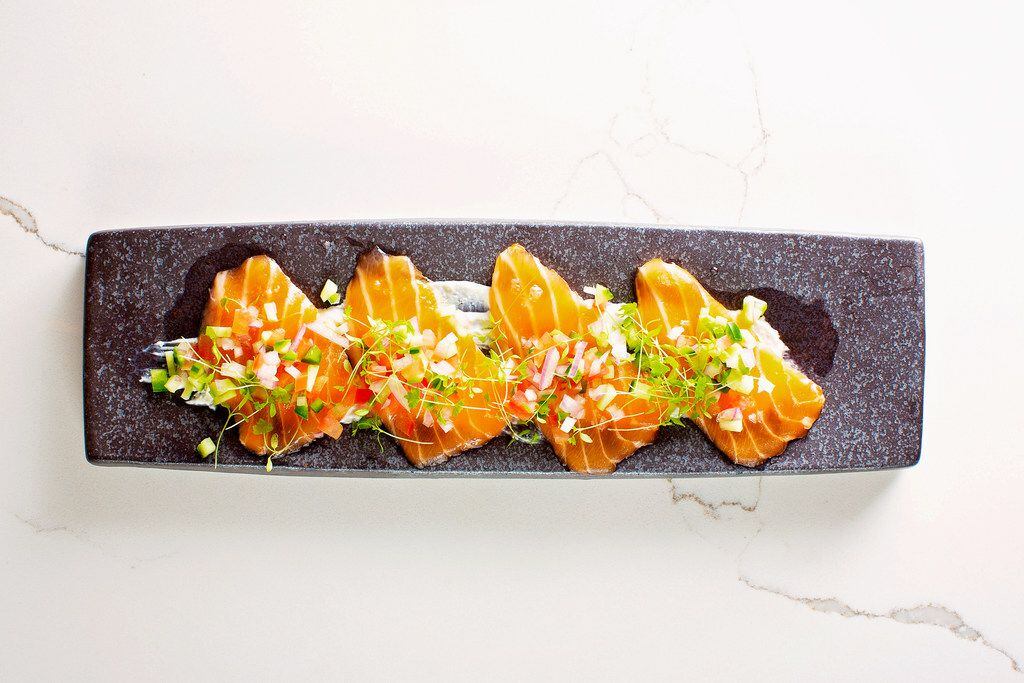 One of the menu items at Kai, an Asian restaurant at Legacy West in Plano, is Salmon Kurudo:...