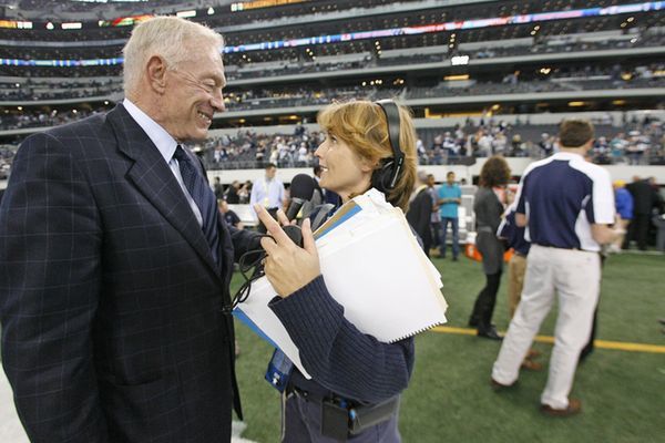 Sideline reporter for Cowboys radio broadcasts Kristi Scales talks with owner and general...