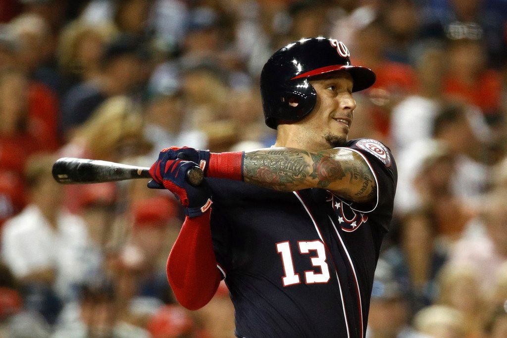 Washington Nationals' Asdrubal Cabrera doubles in the sixth inning of a baseball game...