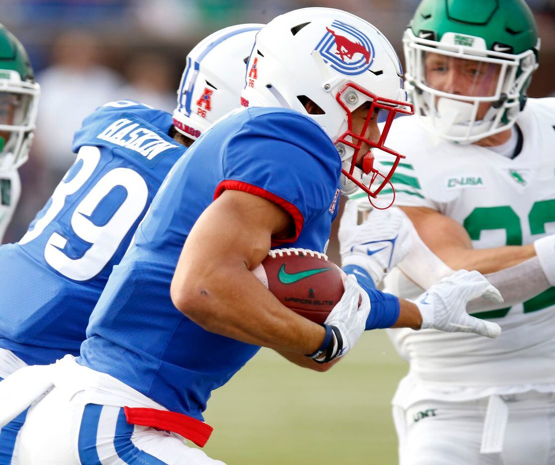 Southern Methodist Mustangs wide receiver Jordan Kerley (1) returns a kick off during the first half as SMU hosted UNT at Ford Stadium in Dallas on Saturday, September 11, 2021. (Stewart F. House/Special Contributor)