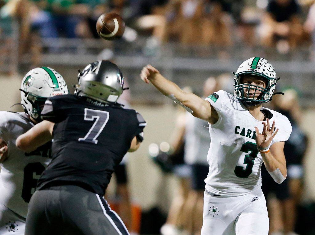 Southlake Carroll's Quinn Ewers (3) attempts a pass in a game against Denton Guyer during the first half of play at C.H. Collins Complex in Denton, on Friday, October 4, 2019. (Vernon Bryant/The Dallas Morning News)
