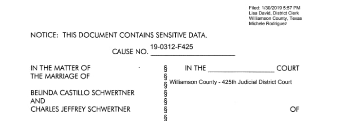 On Jan. 30, Sen. Charles Schwertner's wife filed for divorce in Williamson County.