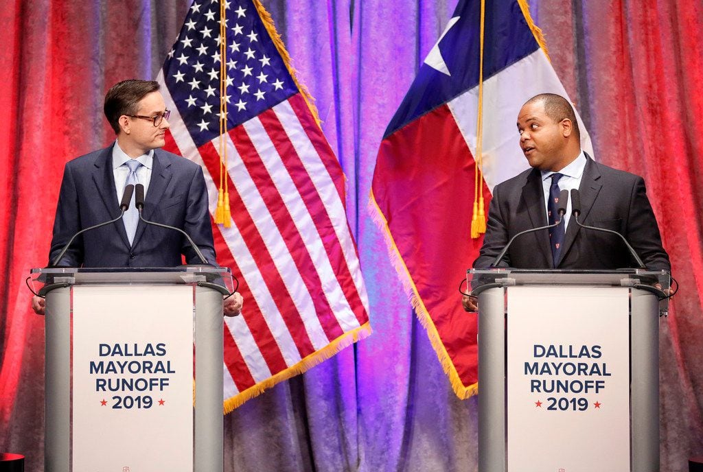 State Rep. Eric Johnson (right), D-Dallas, addresses Dallas City Council member Scott Griggs...