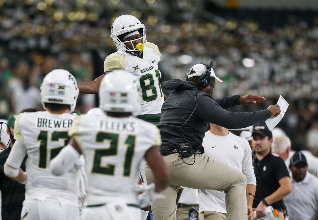 Baylor Bears wide receiver Tyquan Thornton (81) celebrates a touchdown during the first half a matchup between Baylor and Texas Tech on Saturday, Nov. 24, 2018 at AT&T Stadium in Arlington, Texas. (Ryan Michalesko/The Dallas Morning News)