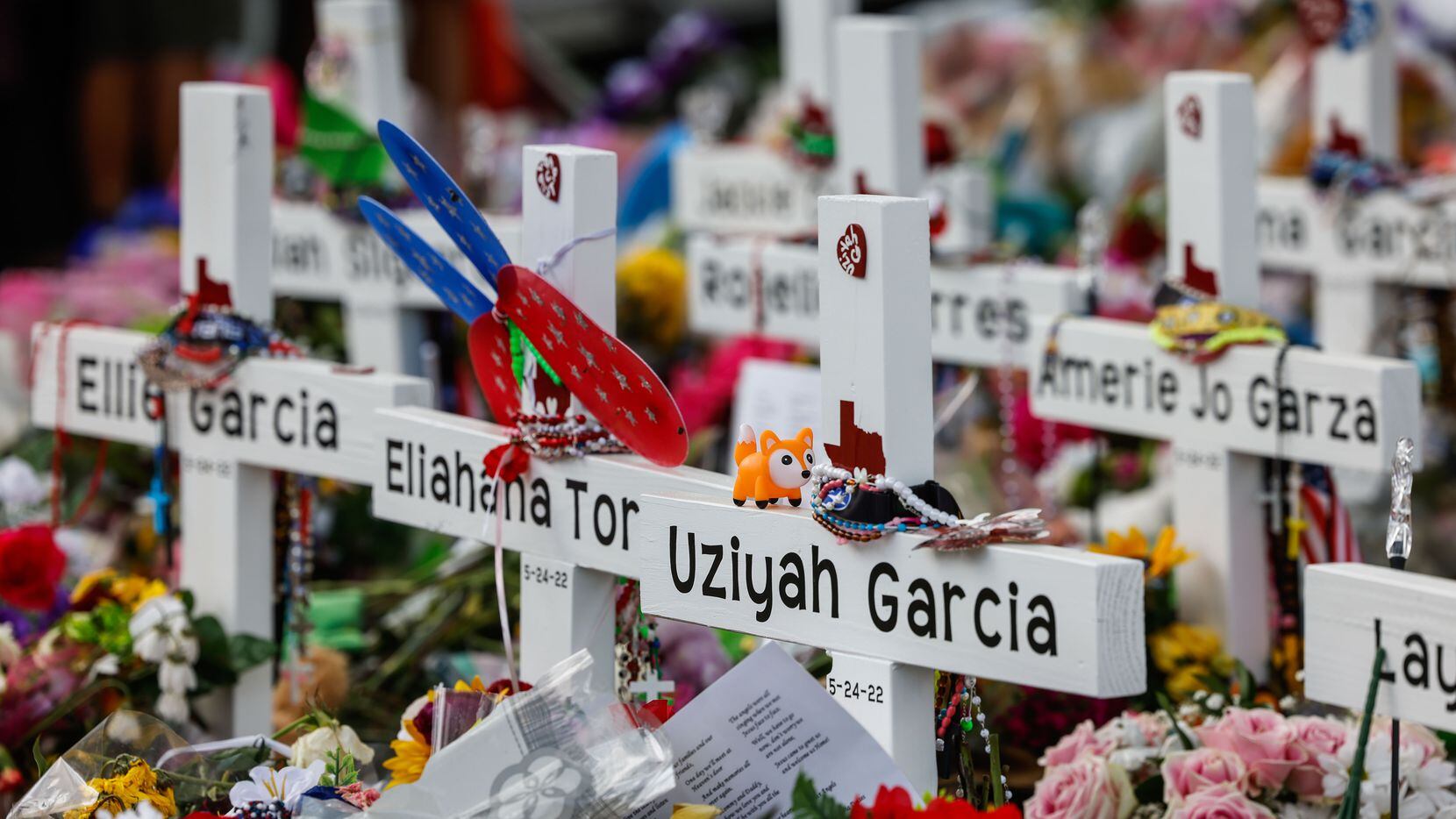 A memorial for the 19 children and two adults killed on May 24th during a mass shooting at...