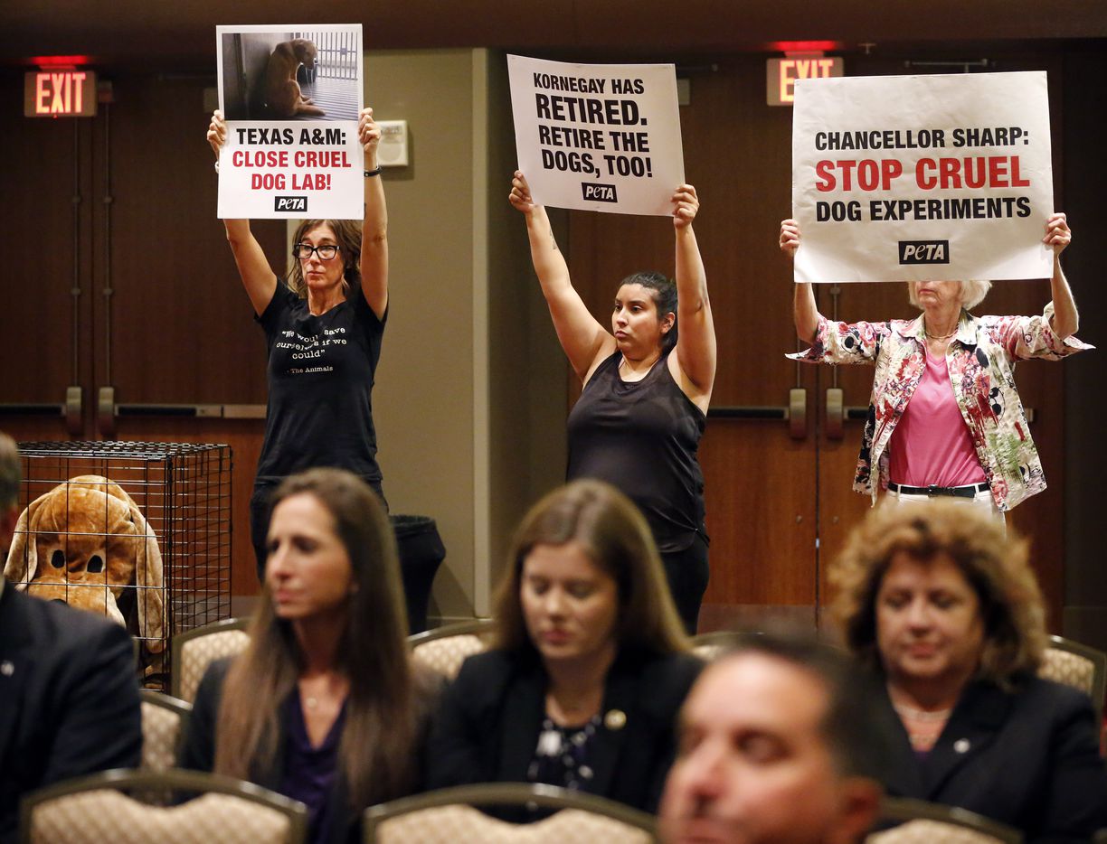 PETA supporters urged Chancellor John Sharp and other Regents to end the school's tests on...