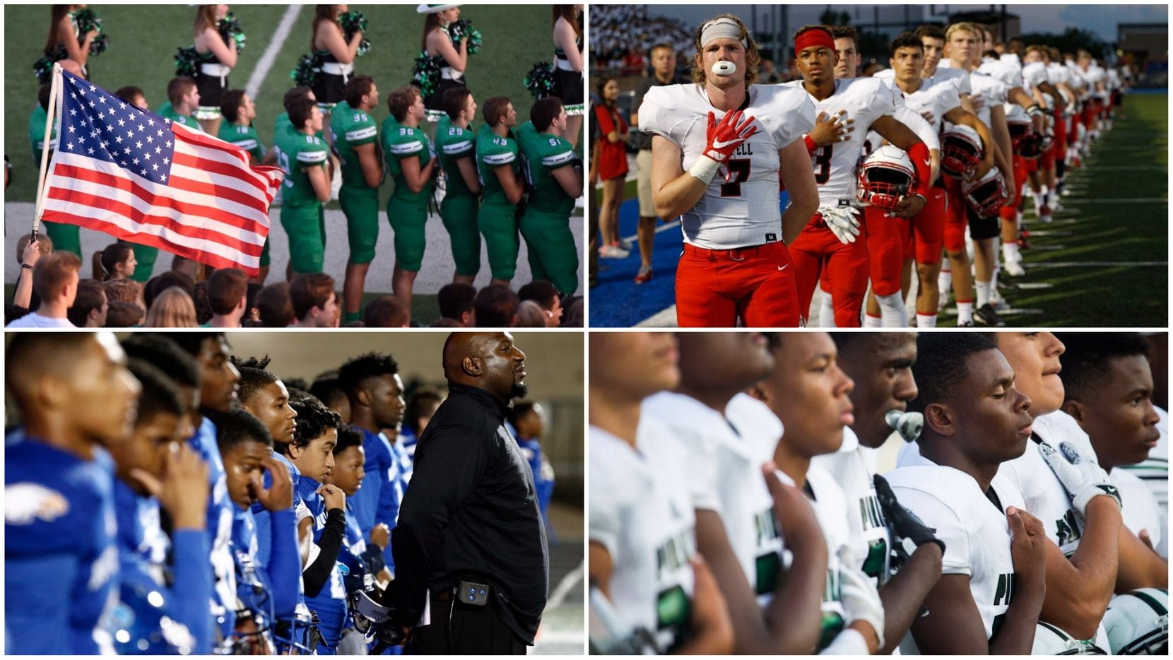 In these file photos, players and coaches from Dallas-area high schools stand during the...