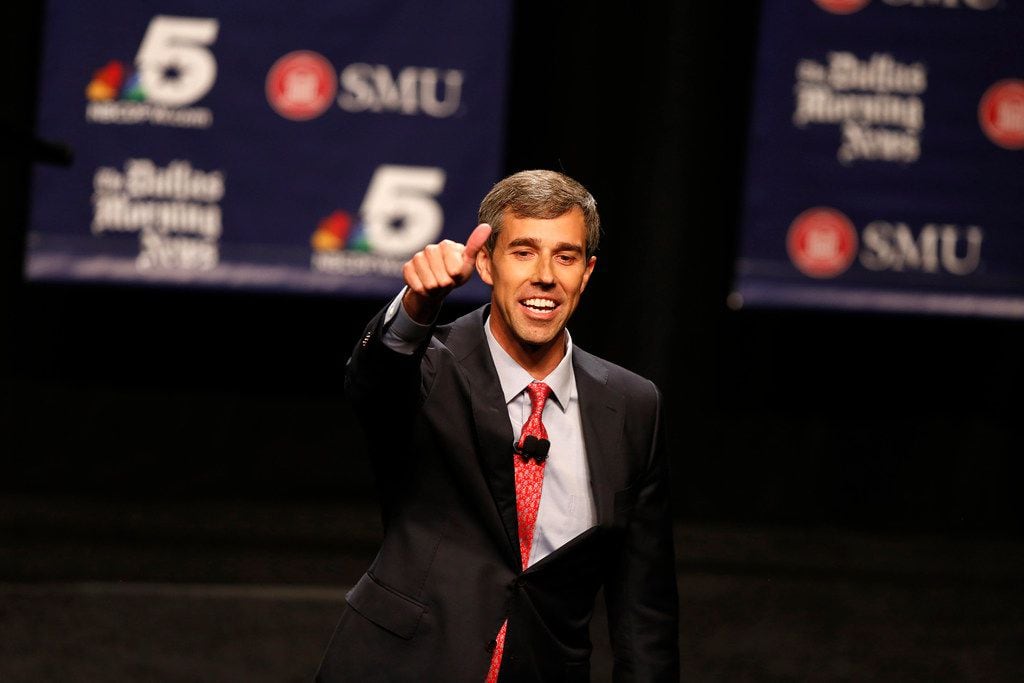 Rep. Beto O'Rourke gestures during a debate with Sen. Ted Cruz at Southern Methodist...