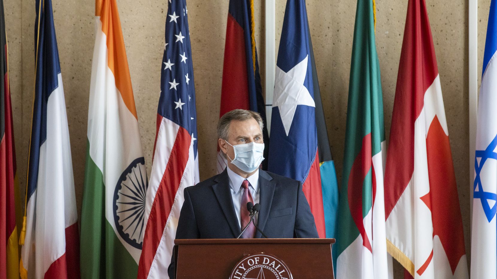 Assistant City Manager Jon Fortune speaks to reporters during a press conference at Dallas City Hall in Dallas on Tuesday, May 12, 2020.