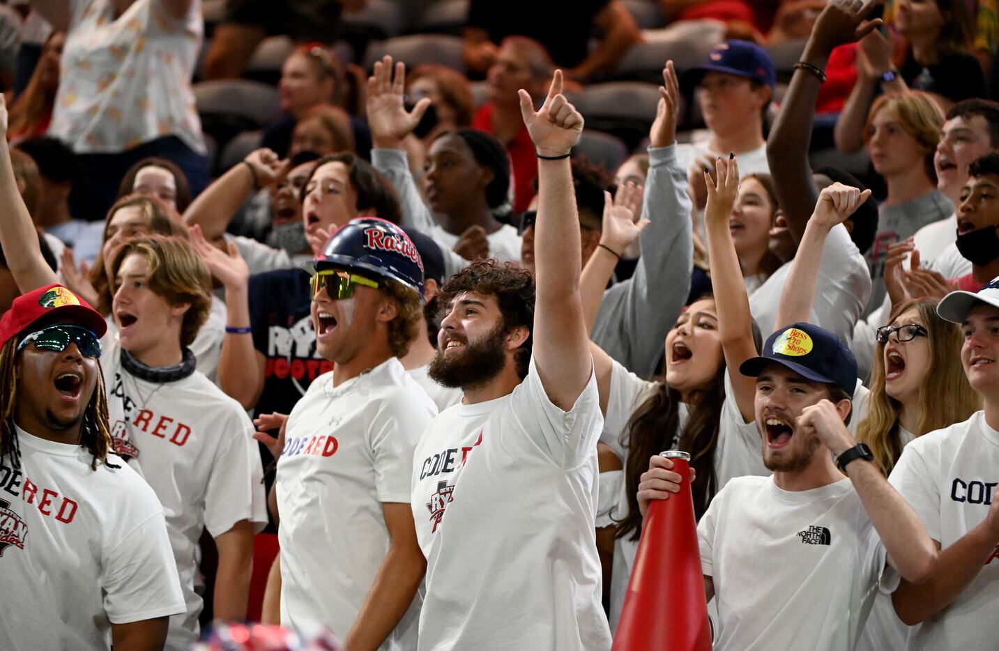 Denton Ryan students cheer in the first half during a high school football game between Longview and Denton Ryan, Saturday, Aug. 28, 2021, in Frisco, Texas. (Matt Strasen/Special Contributor)