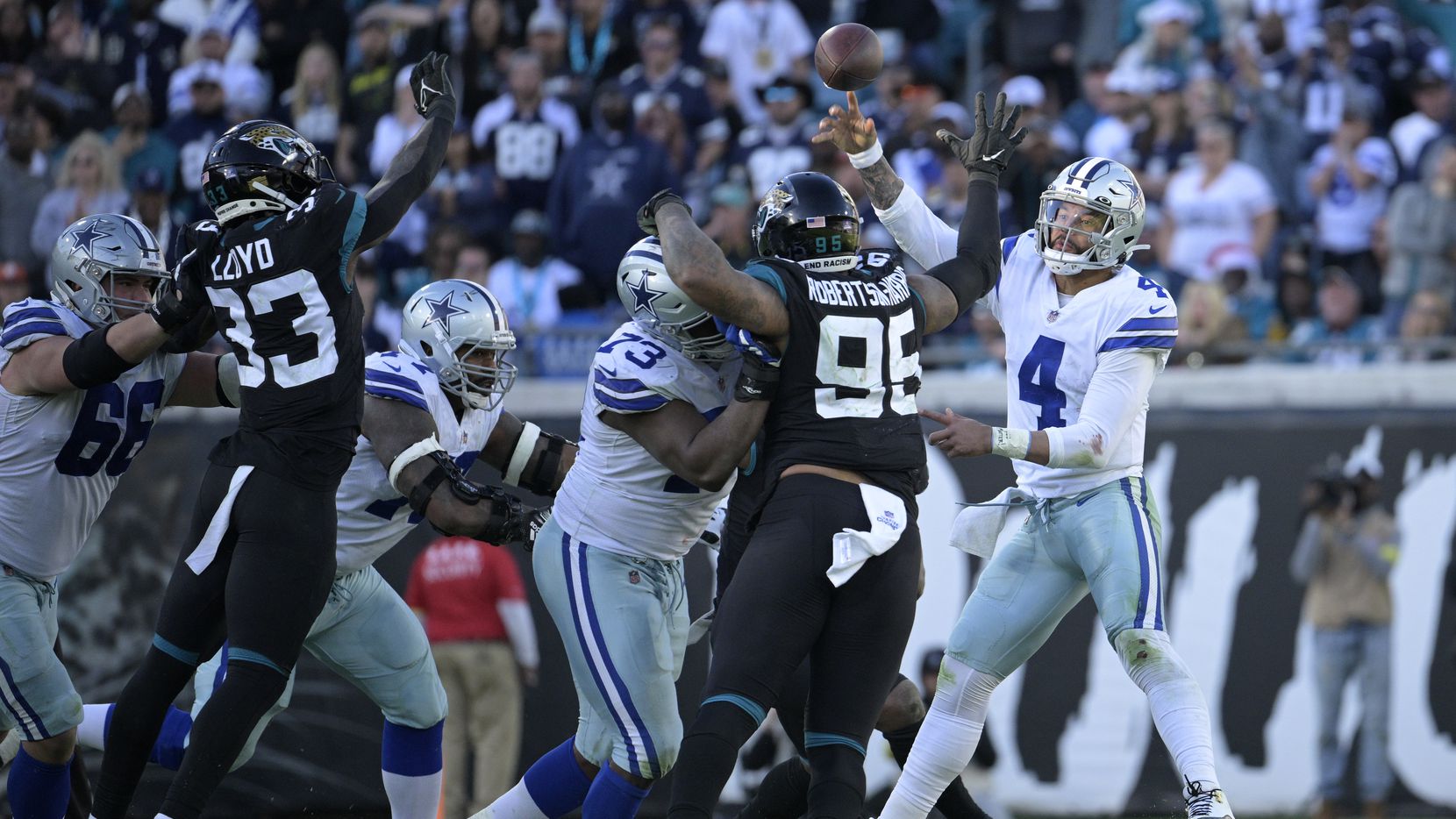 Dallas Cowboys quarterback Dak Prescott (4) throws an interception pass during overtime of...