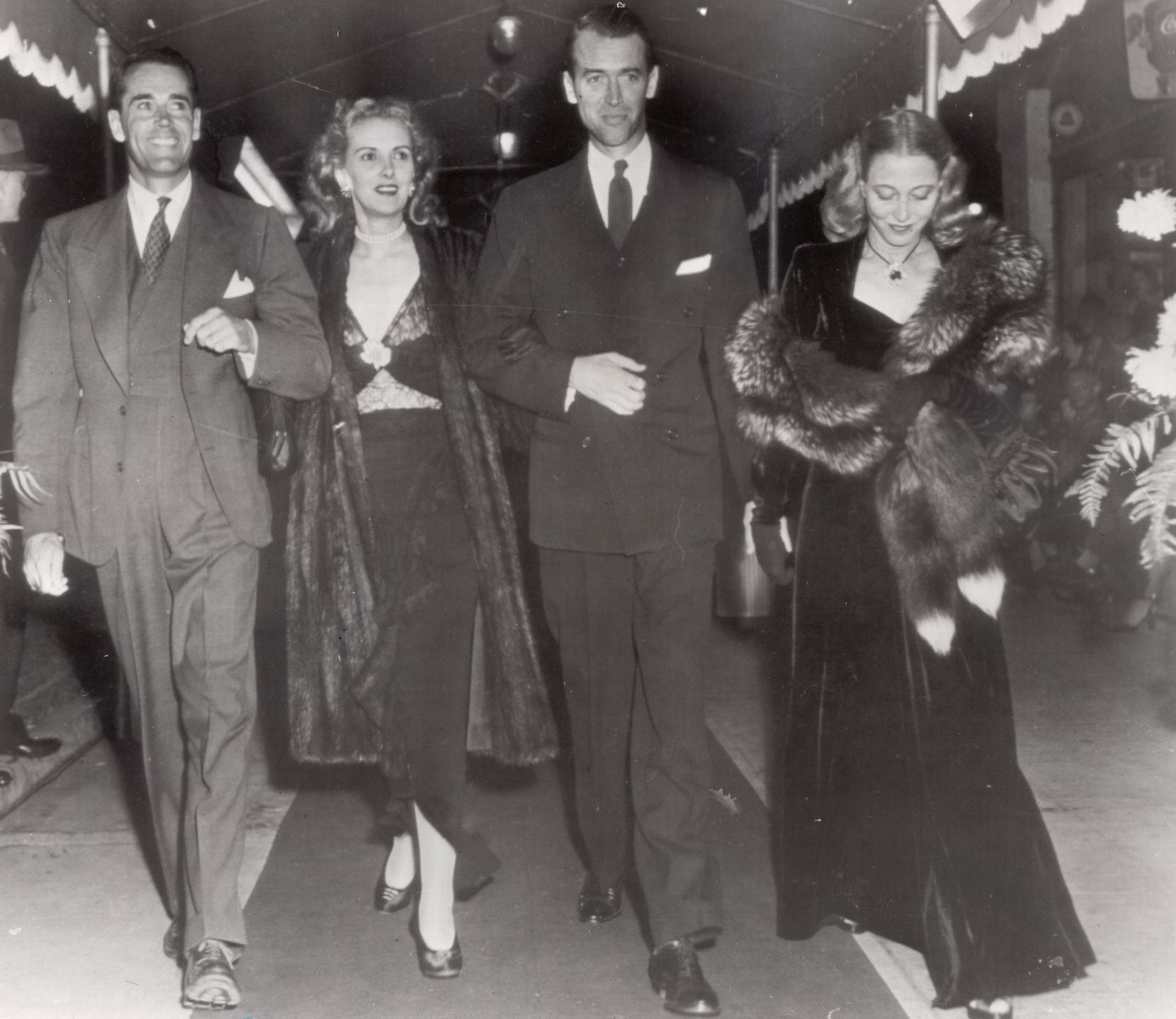 Henry Fonda, model Anita Colby James Stewart and Fonda's wife  Frances Ford Fonda,  attend the premiere of Alfred Hitchcock's Spellbound in 1945.  