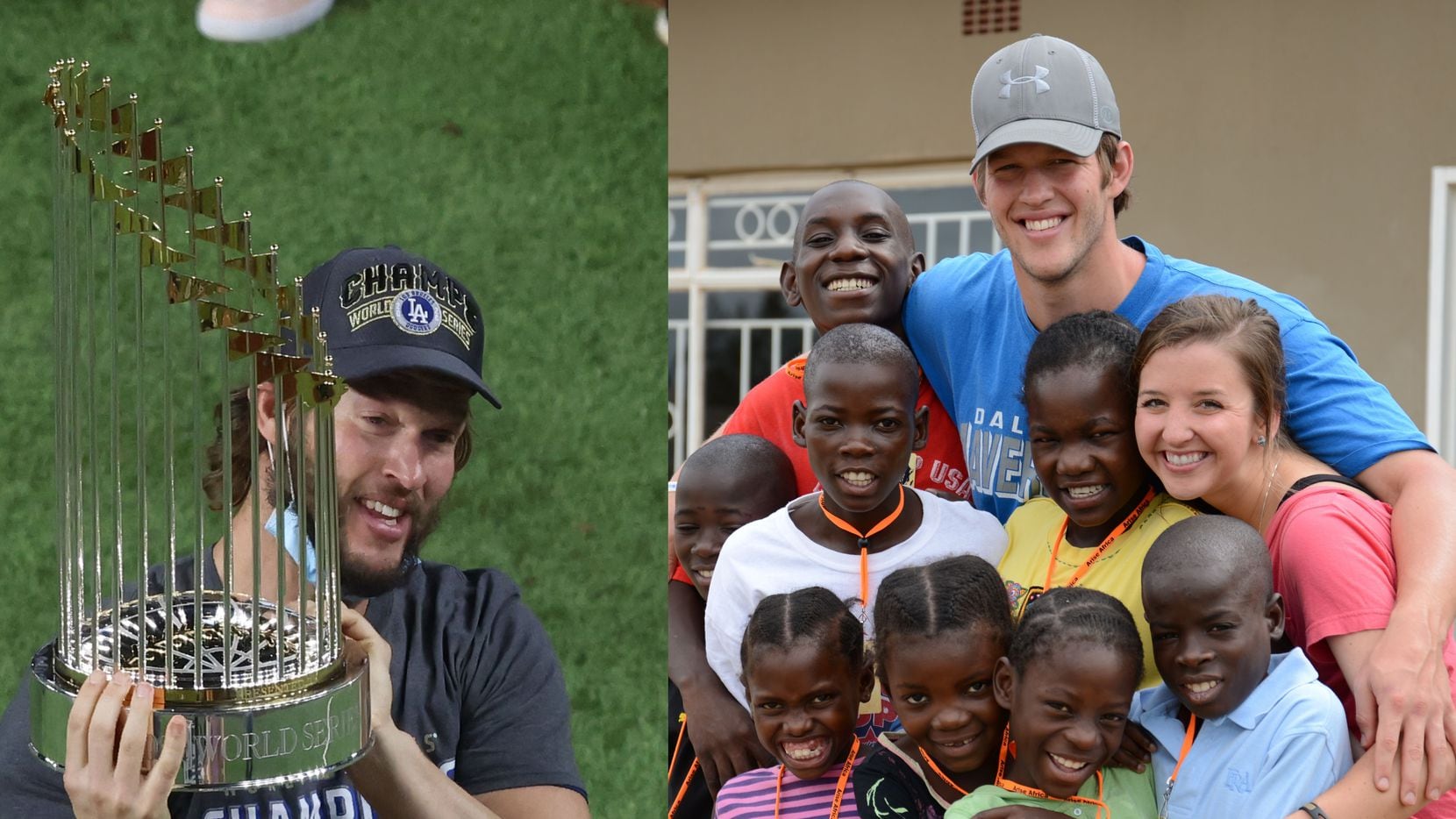 Left: Dodgers pitcher Clayton Kershaw celebrates with the Commissioners Trophy after LA defeated the Tampa Bay Rays (Photo by Maxx Wolfson/Getty Images). Right: Kershaw and his wife, Ellen, pose for a photo with a group of children in Zambia. (Courtesy of Kershaw’s Challenge)